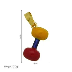 Detailed view of colorful enamel dumbbell pendant in gold tone, showing clear size dimensions.