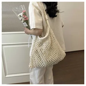 Beige woven mesh shoulder bag casual hollow out beach tote bag for women summer vacation