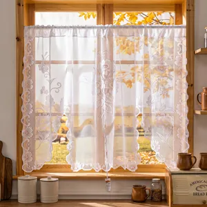 White French lace cafe curtain with floral pattern for kitchen window and home decor.