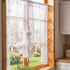 White French lace cafe curtain short tier window valance with floral embroidery for kitchen home