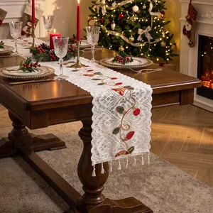 Weihnachten Spitze Tischläufer Polyester Bestickt Weihnachtsglocken Muster Rechteckiger Tischläufer Mit Quasten Für Esszimmer Party Deko