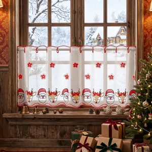 Tendina da Caffè Natalizia Ricamata in Poliestere Bianca Trasparente Motivo Babbo Natale e Renna per Arredo Finestra Cucina