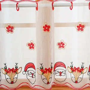 Tendina da caffè ricamata di Natale, tenda a vetro bianca con renna e Babbo Natale.