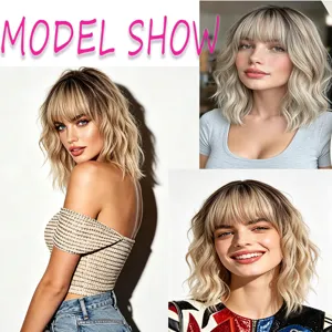 European blonde ombre wavy hairpiece with bangs seamless top hair cover for women.