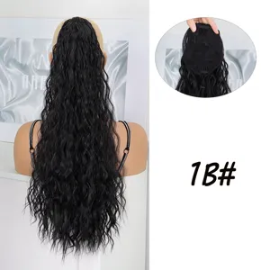 Synthetic curly wavy ponytail hair extension with drawstring net cap natural black 1B#