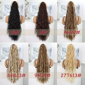 Synthetic drawstring curly wavy long ponytail hair extension, multi-color detail view.