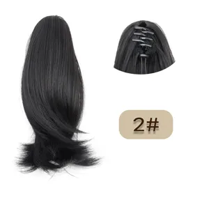 Black claw clip short ponytail wig, natural straight curly hair extension piece.