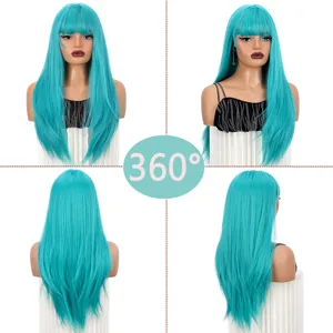 Long straight turquoise wig with bangs, matte heat-resistant synthetic fiber cosplay hair piece.