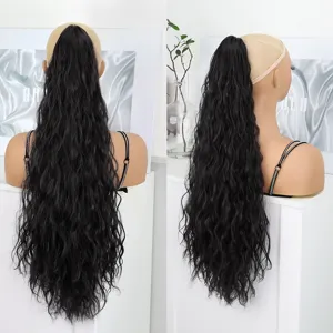 Long black curly drawstring ponytail wig, wavy synthetic hair extension for women detail view.