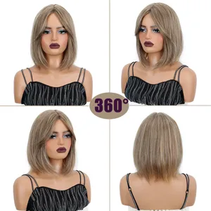 Blonde Bob Perücke mit Pony synthetisches Kurzhaar Mehrwinkel Detailansicht Mode Alltag