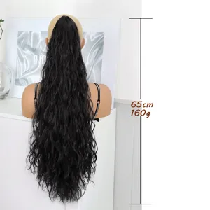 Long black wavy ponytail hair extension for women, synthetic curly drawstring high ponytail.