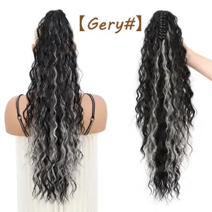 Long curly synthetic claw clip ponytail hair extension with black and grey highlights.