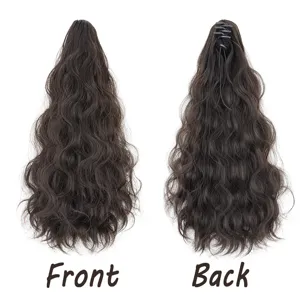 Detailed view showing front and back of the long curly synthetic claw clip ponytail.