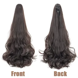 Detail view of long wavy ponytail hair extension with claw clip, natural brown curly look.