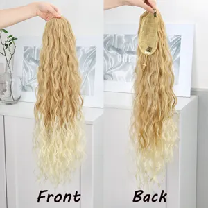 Detail view of the long blonde wavy synthetic ponytail extension showing front and back structure.