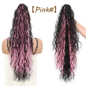 Synthetic claw clip ponytail wig long wavy black pink curly hair extension natural look