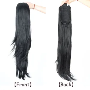 Black synthetic drawstring ponytail extension, layered straight hair piece with secure clips.
