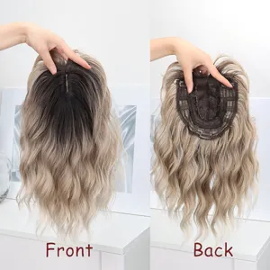 Gradient water wave hair topper with clips for seamless top volume and grey hair coverage detail.