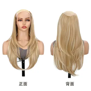 Details van blonde gelaagde U-part pruik, voor- en achteraanzicht voor een natuurlijke look.