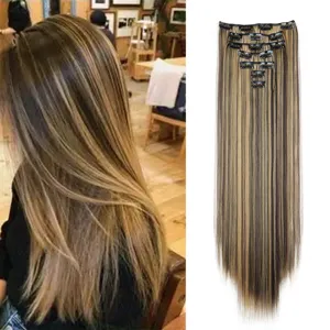 16-clip 7-piece long straight synthetic hair extensions with highlight color for women.