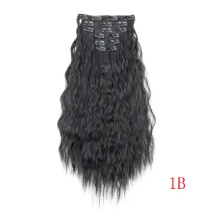 Detail view of 6-piece clip-in wavy hair extensions, long corn perm synthetic hair piece.