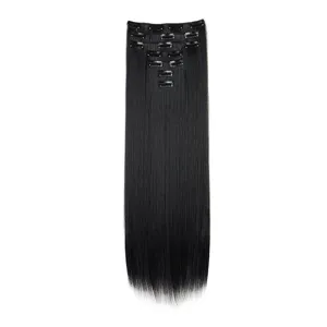 Detail view of the black synthetic long straight hair extension piece with secure clips.