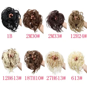 Synthetic hair bun detail view, messy curly scrunchie texture and multiple color choices.