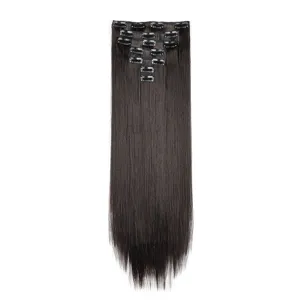 Synthetic dark brown straight hair extension detail, 7-piece clip-in design for volume.
