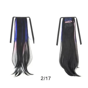 Long synthetic ponytail hair extension with blue and pink highlights, tie-on style detail.