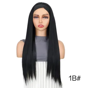 Long straight synthetic black wig hair texture and attached headband detail close up view
