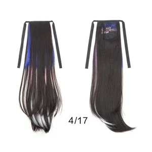 Synthetic tie-on long straight ponytail wig with colorful highlights for daily fashion wear.