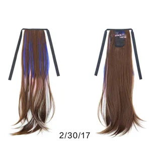 Detail view of synthetic long curly ponytail hair extension with vibrant blue and pink highlights.