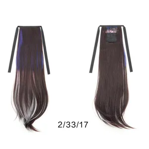 Detailed view of synthetic ponytail hair extension with blue white highlights and tie ribbon.