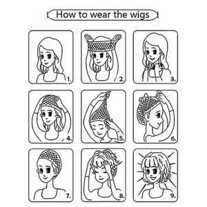 Step-by-step wig wearing guide illustration showing clear instructions for proper headgear use.