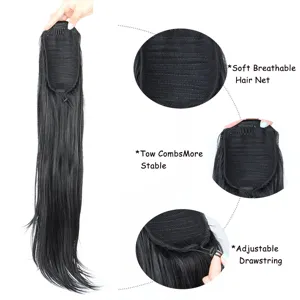 Detail view of black synthetic ponytail extension featuring breathable hair net and combs.