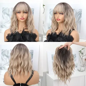 Gradient wavy hair topper with bangs, seamless grey coverage and natural scalp simulation.