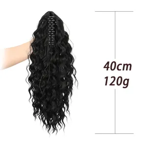 Black curly claw clip ponytail detail view showing 40cm length and 120g weight specs clearly.