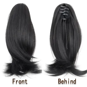 Synthetic hair claw clip ponytail extension, short straight inward curved wig, black natural style.