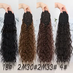 Detailed view of long curly synthetic ponytail hair extensions with drawstring net in four colors.