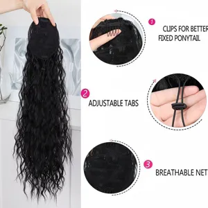Black long curly ponytail synthetic hair extension with claw clip drawstring breathable net.