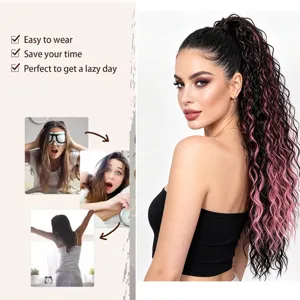 Synthetic curly claw ponytail extension with pink highlights, easy to wear daily style.