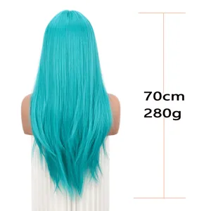 Turquoise long straight wig detail view, 70cm matte high temperature fiber cosplay.