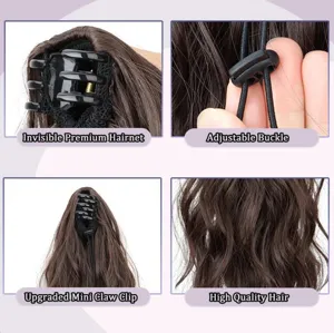 Detail view of synthetic wavy ponytail extension with claw clip and adjustable buckle for women.