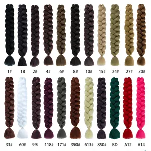 Detailed view of colorful jumbo braid synthetic hair extensions color chart options display.
