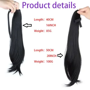 Details of black synthetic ponytail hair extension showing length and weight specs clearly.
