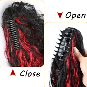 Close-up detail of the synthetic curly hair claw clip ponytail showing open and close mechanism.