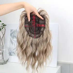 Hair topper detail showing inner mesh structure and dimensions for clip-on wavy hair piece