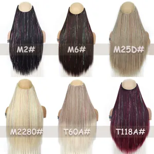 Synthetic V-shaped hair extensions with holographic tinsel straight clip-in hair pieces.