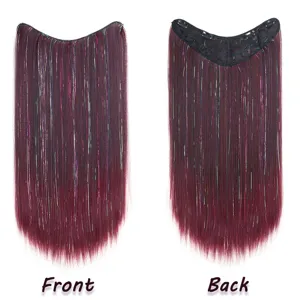 V-shaped clip-in hair extension one-piece straight tinsel synthetic hair front and back view