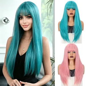 Women Cosplay Long Straight Wig with Bangs Heat Resistant Synthetic Hair Daily Party Natural Looking Wig